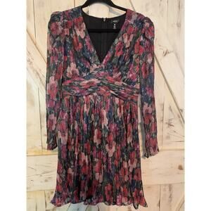Aqua Floral Metallic Pleated V-Neck Cocktail Party Mini Dress Long Sleeves Small